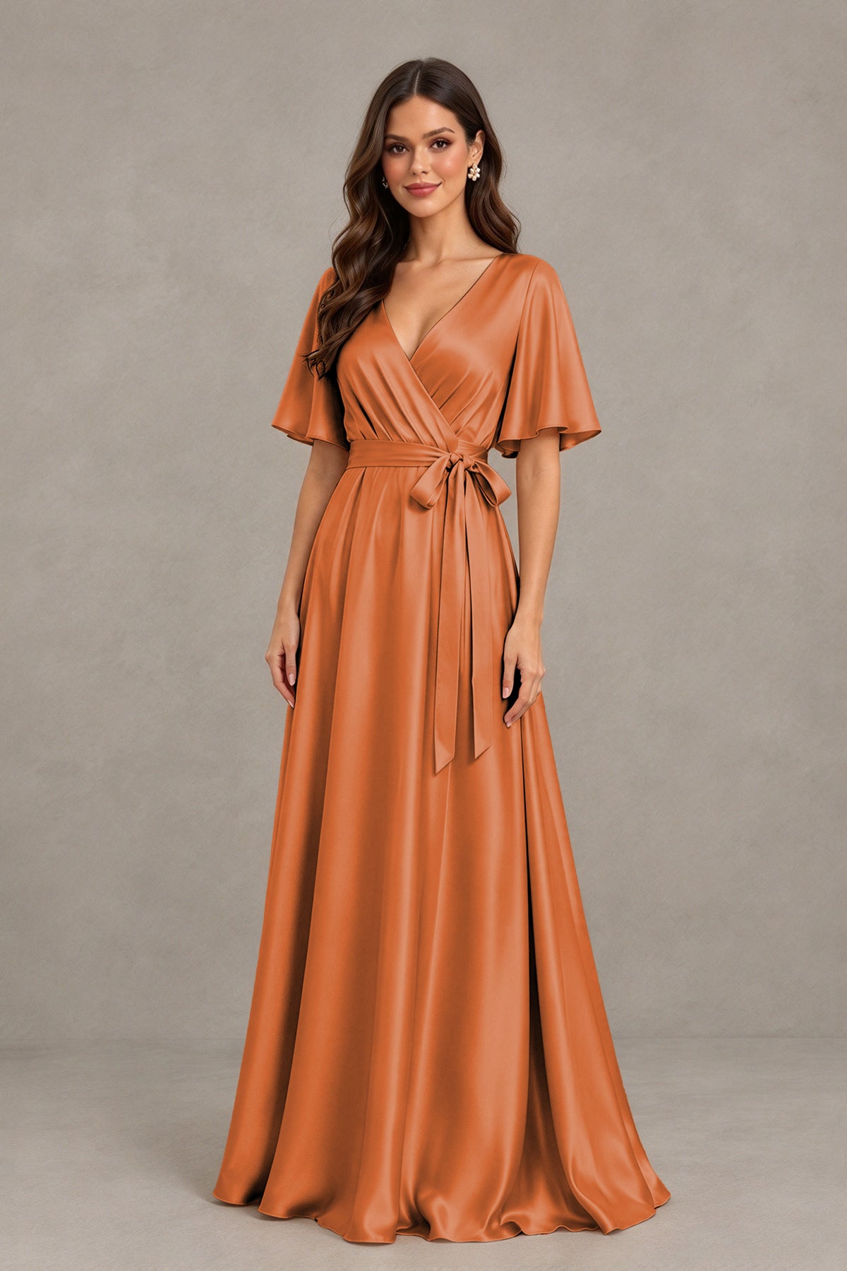 BOLODOO Burnt Orange Satin V-Neck Flutter Sleeve Bridesmaid Dress with Slit - Burnt Orange - Burnt Orange(3)