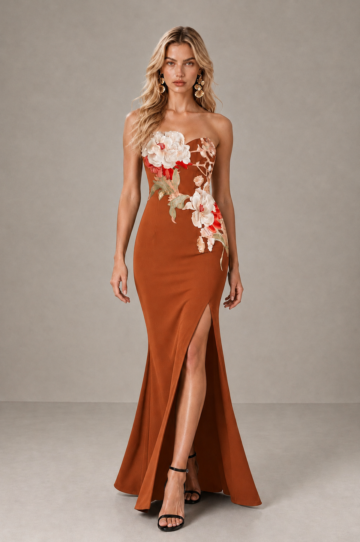BOLODOO Burnt Orange Strapless Floral Mermaid Evening Dress with Slit - Burnt Orange - Burnt_Orange_3