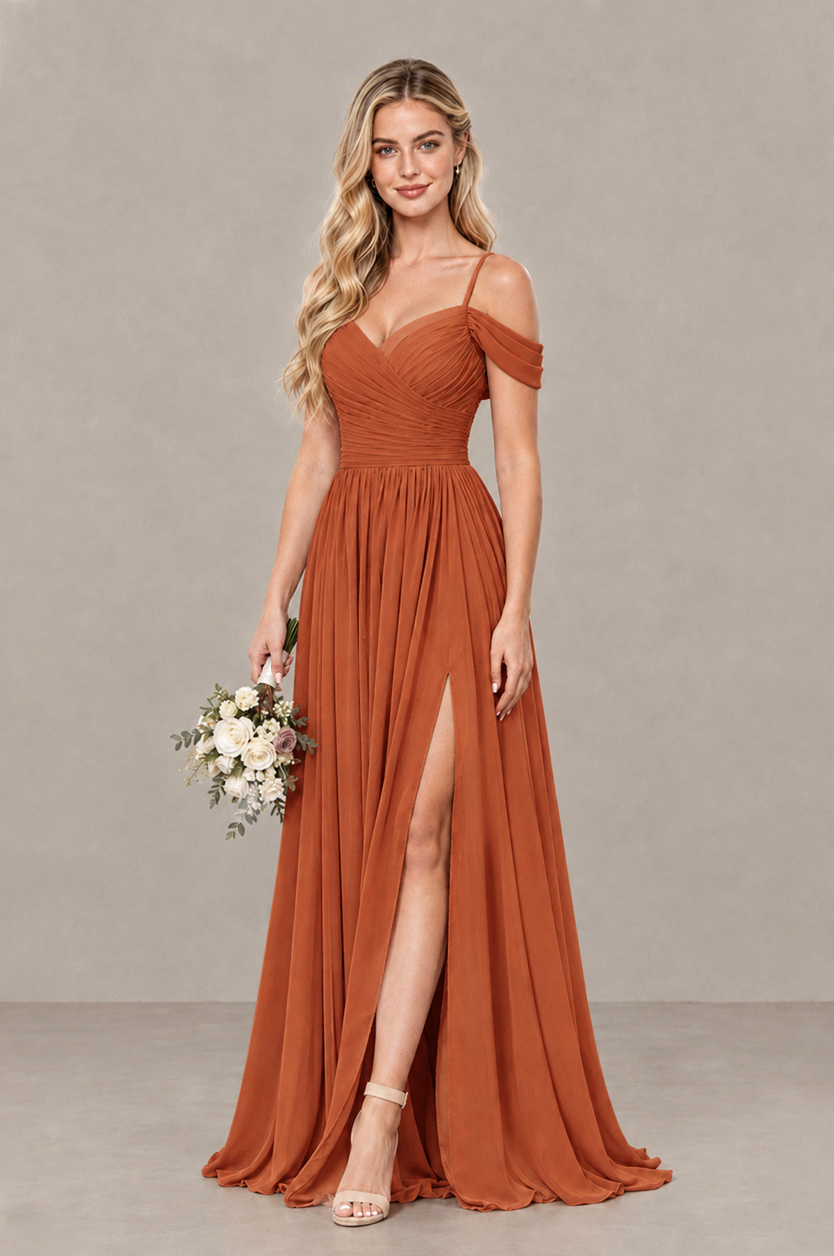 BOLODOO Burnt Orange Off-Shoulder Bridesmaid Dress with Slit - Burnt Orange