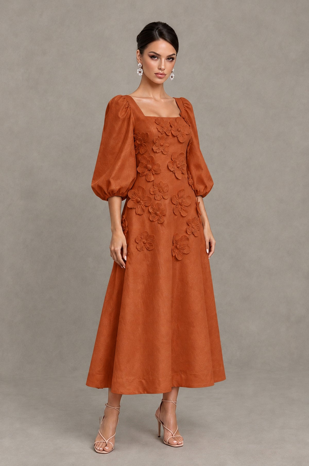 BOLODOO Burnt Orange 3D Floral Puff Sleeve Midi Cocktail Dress - Burnt Orange - Burnt Orange_3