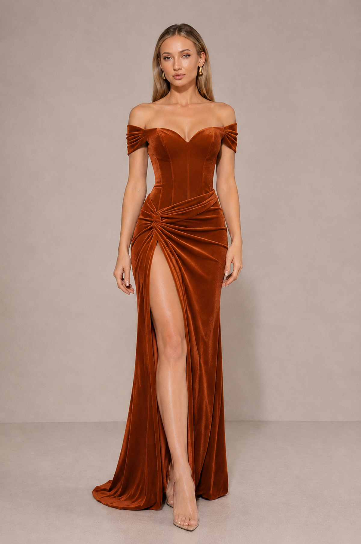 BOLODOO Burnt Orange Velvet Off-Shoulder Ruched High Slit Evening Dress - Burnt Orange - Burnt_Orange_3