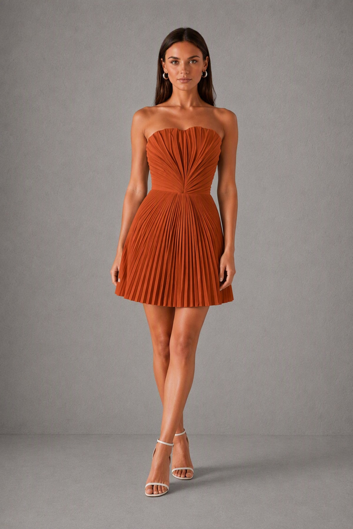 BOLODOO Burnt Orange Strapless Sweetheart Pleated Corset Mini Dress with Lace-Up Back - Burnt Orange
