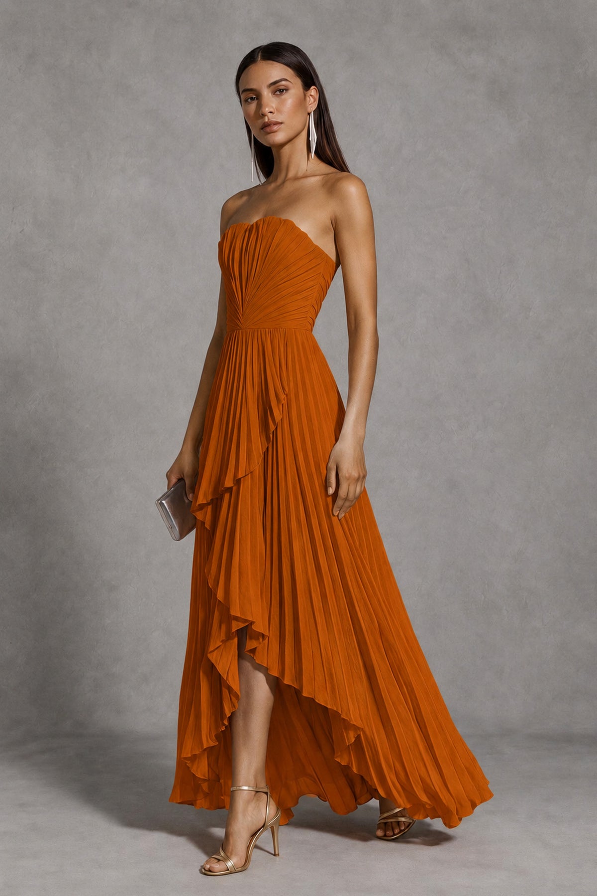 Burnt Orange Strapless Pleated High-Low Evening Gown with Ruffle Hem - Burnt Orange