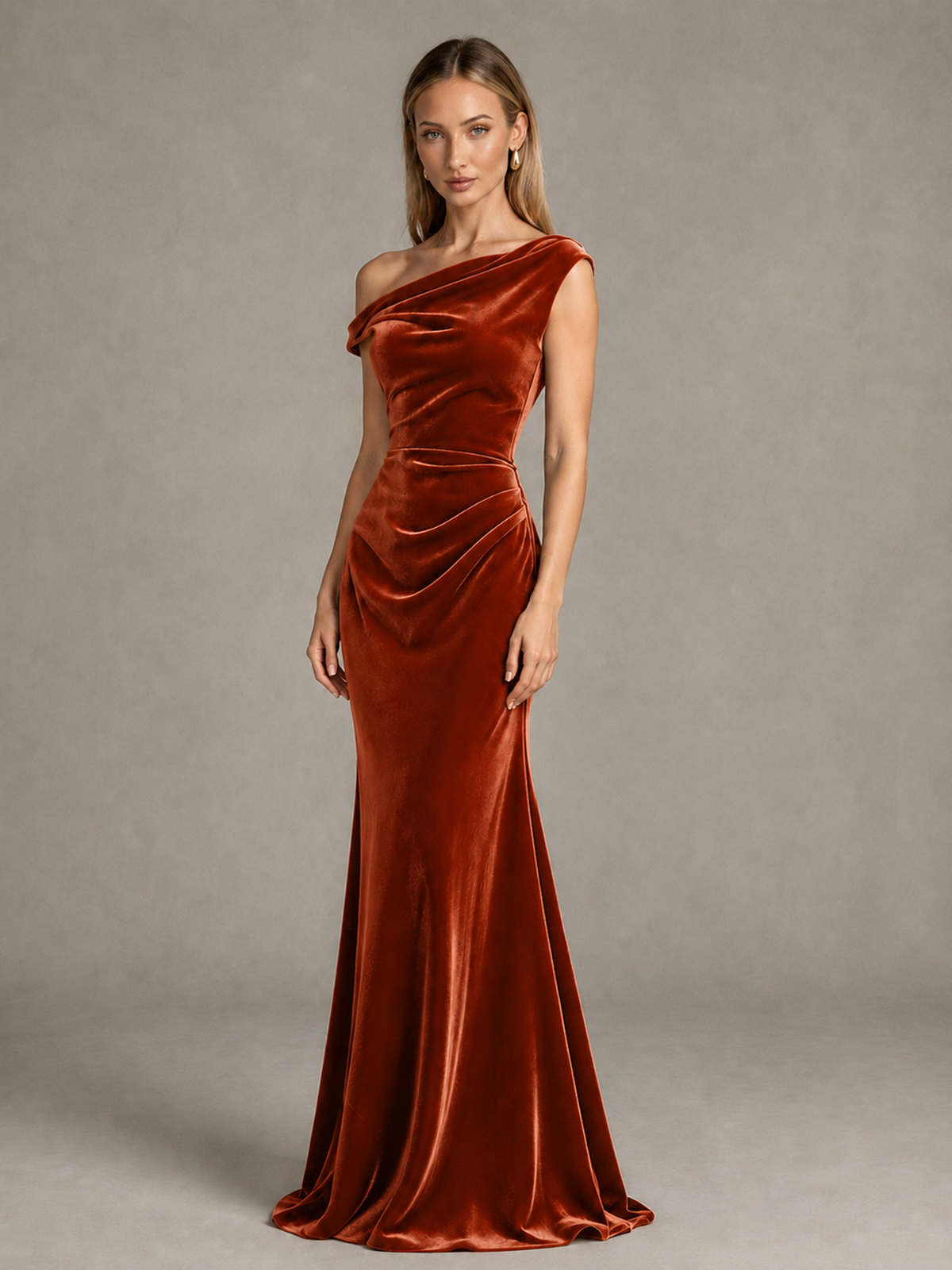 BOLODOO Burnt Orange One-Shoulder Velvet Mermaid Evening Gown - Burnt Orange - Burnt Orange_3