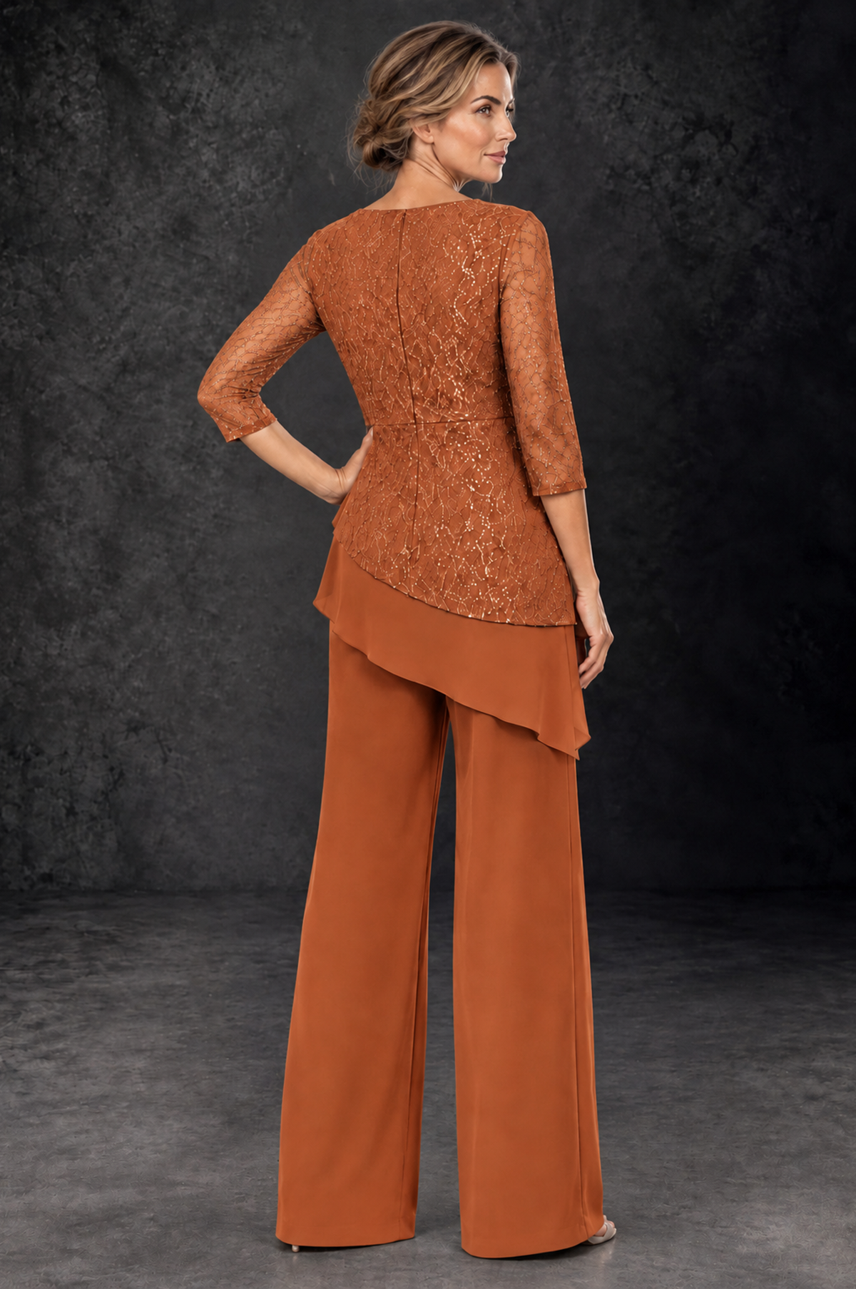 BOLODOO Burnt Orange Sequin Lace 3/4 Sleeve Chiffon Mother of the Bride Pant Suit - Burnt Orange - Burnt_Orange_3