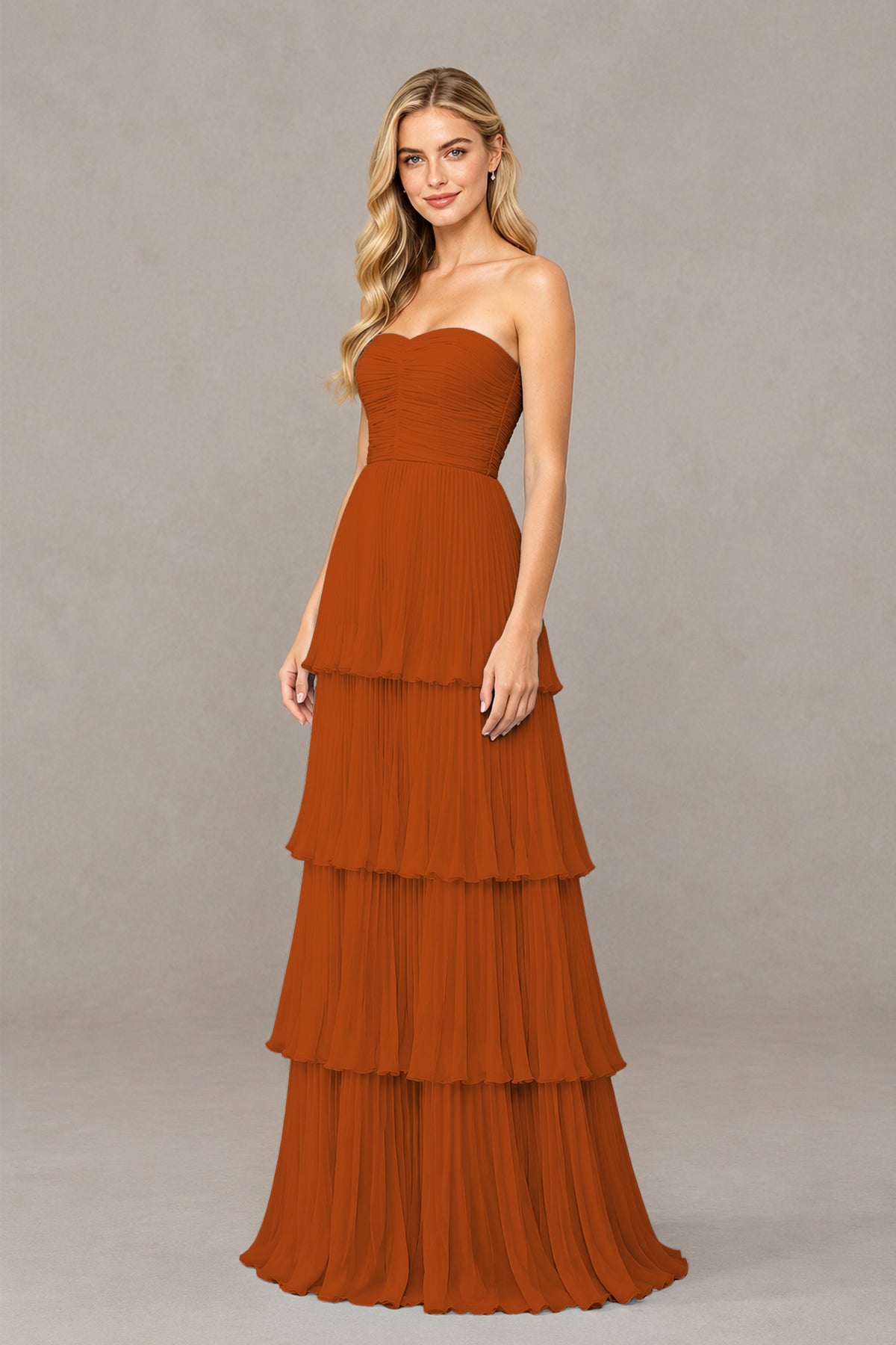 BOLODOO Burnt Orange Strapless Tiered Chiffon Maxi Dress - Burnt Orange