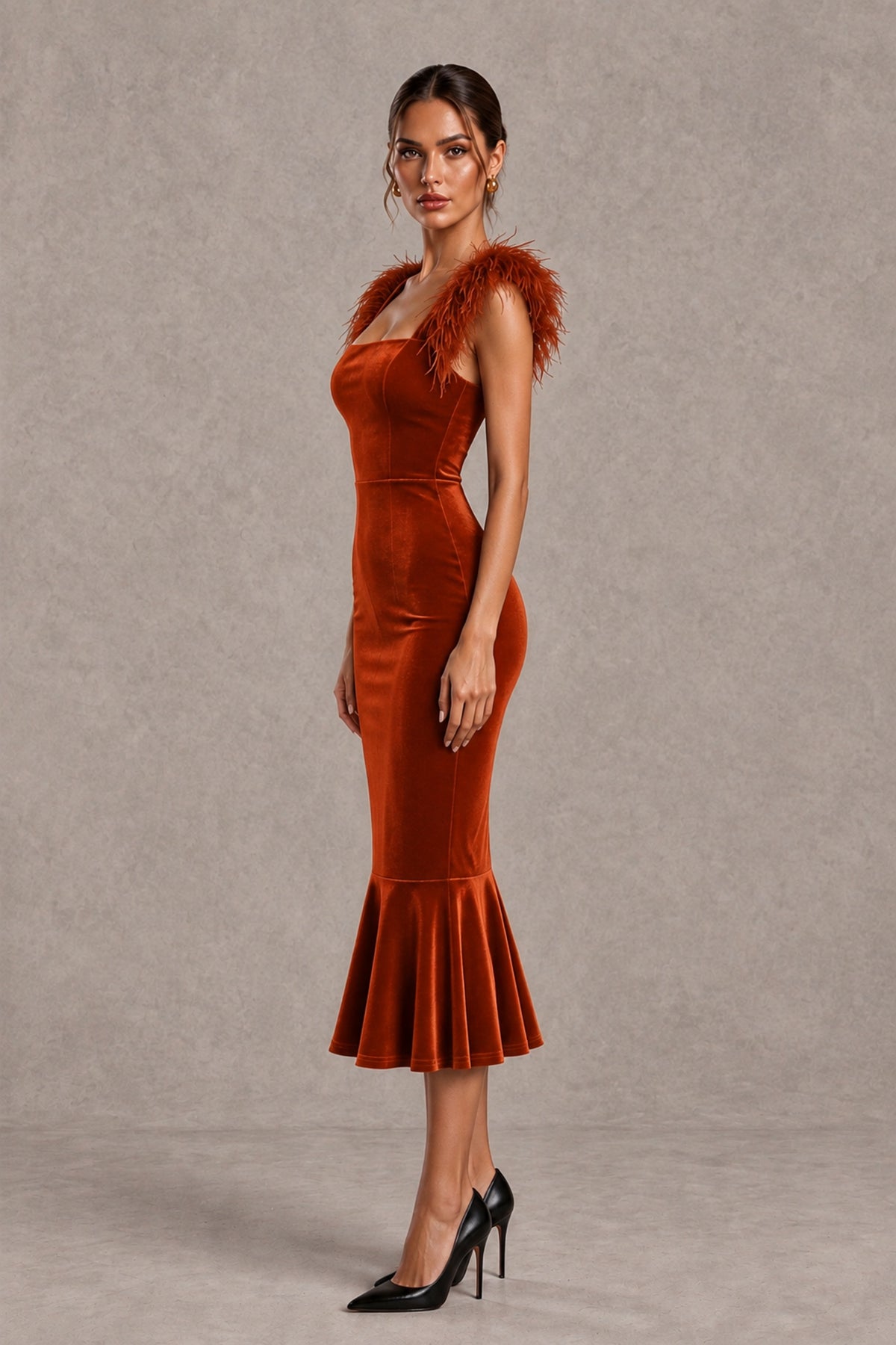 BOLODOO Burnt Orange Feather-Trim Velvet-Look Mermaid Midi Dress - Burnt Orange - Burnt Orange_3