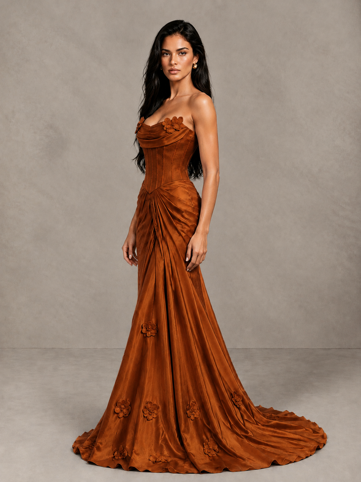 BOLODOO Burnt Orange Strapless Floral Corset Evening Gown with Train - Burnt Orange - Burnt Orange_3