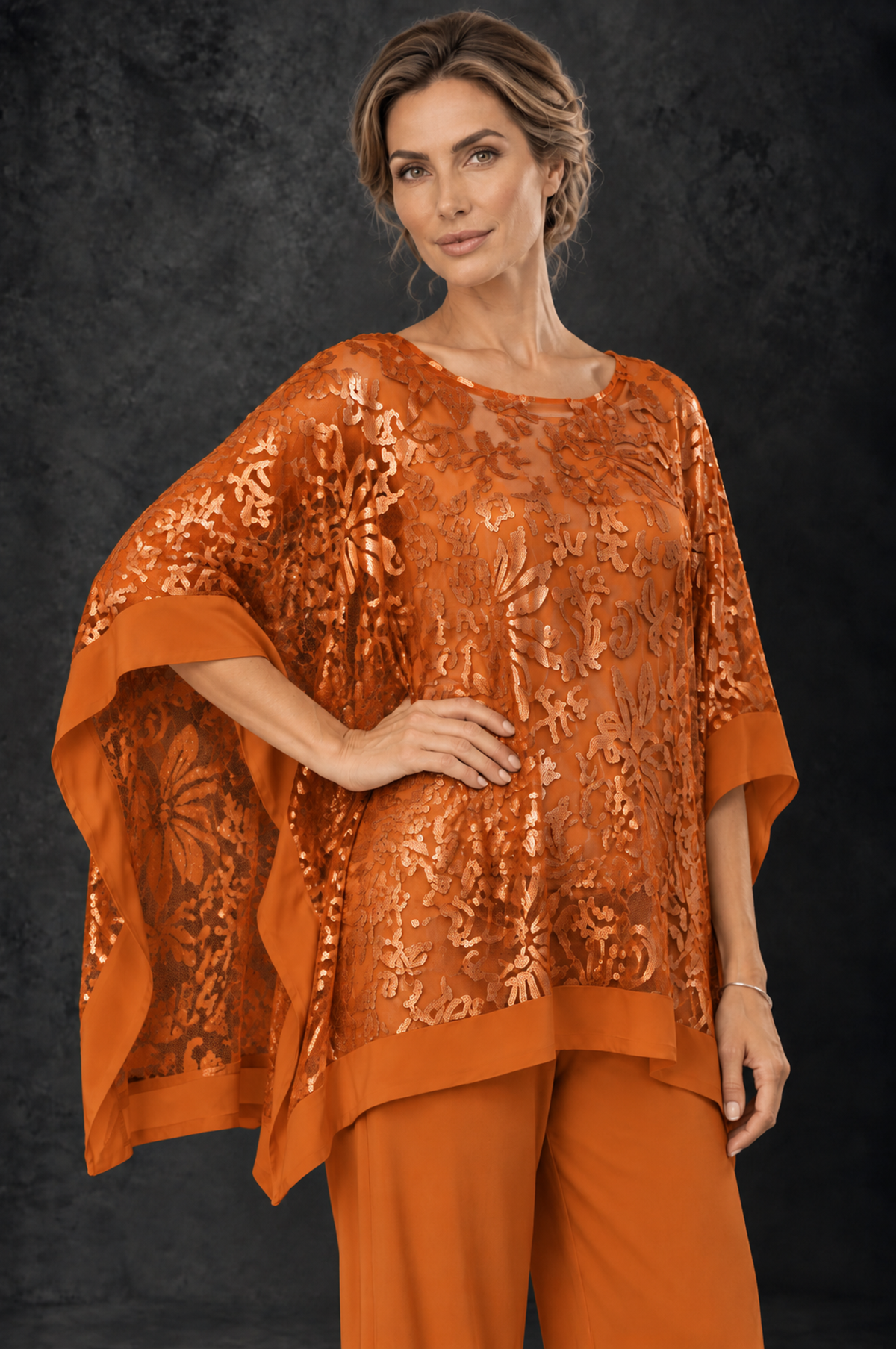 BOLODOO Burnt Orange Floral Cape Mother of the Bride Pant Suit - Burnt Orange - Burnt_Orange_3