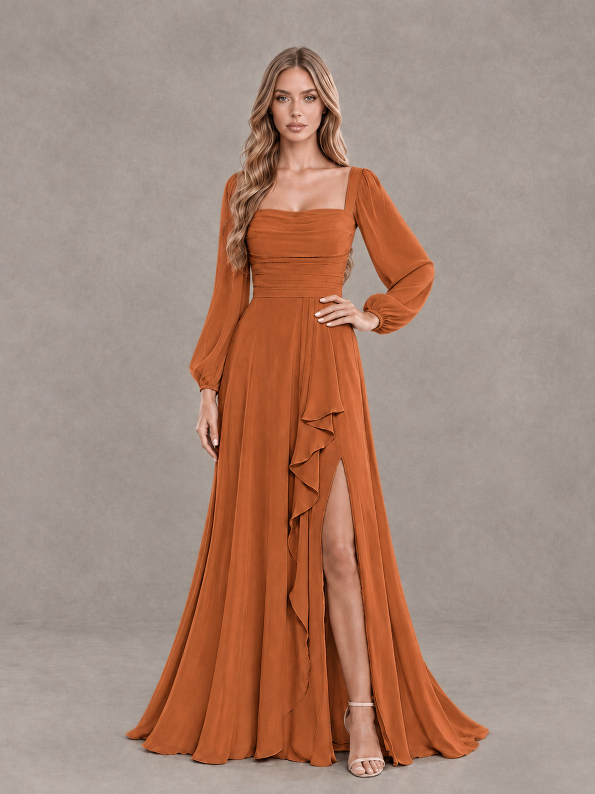 BOLODOO Burnt Orange Square Neck Long Sleeve Bridesmaid Dress with Ruffle Slit - Burnt Orange - Burnt Orange_3