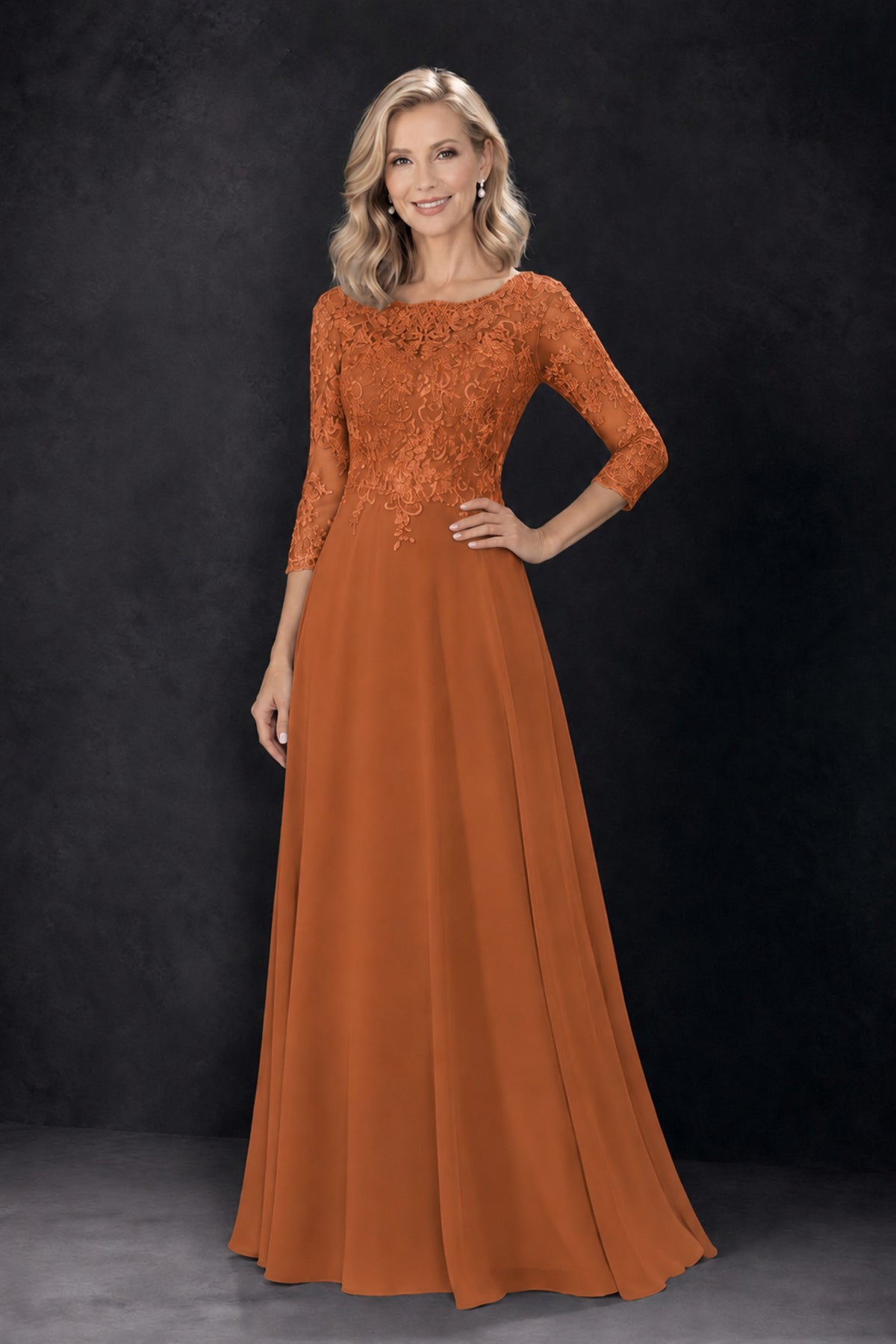 BOLODOO Burnt Orange Lace Embroidered Mother of the Bride Dress with 3/4 Sleeves - Burnt Orange