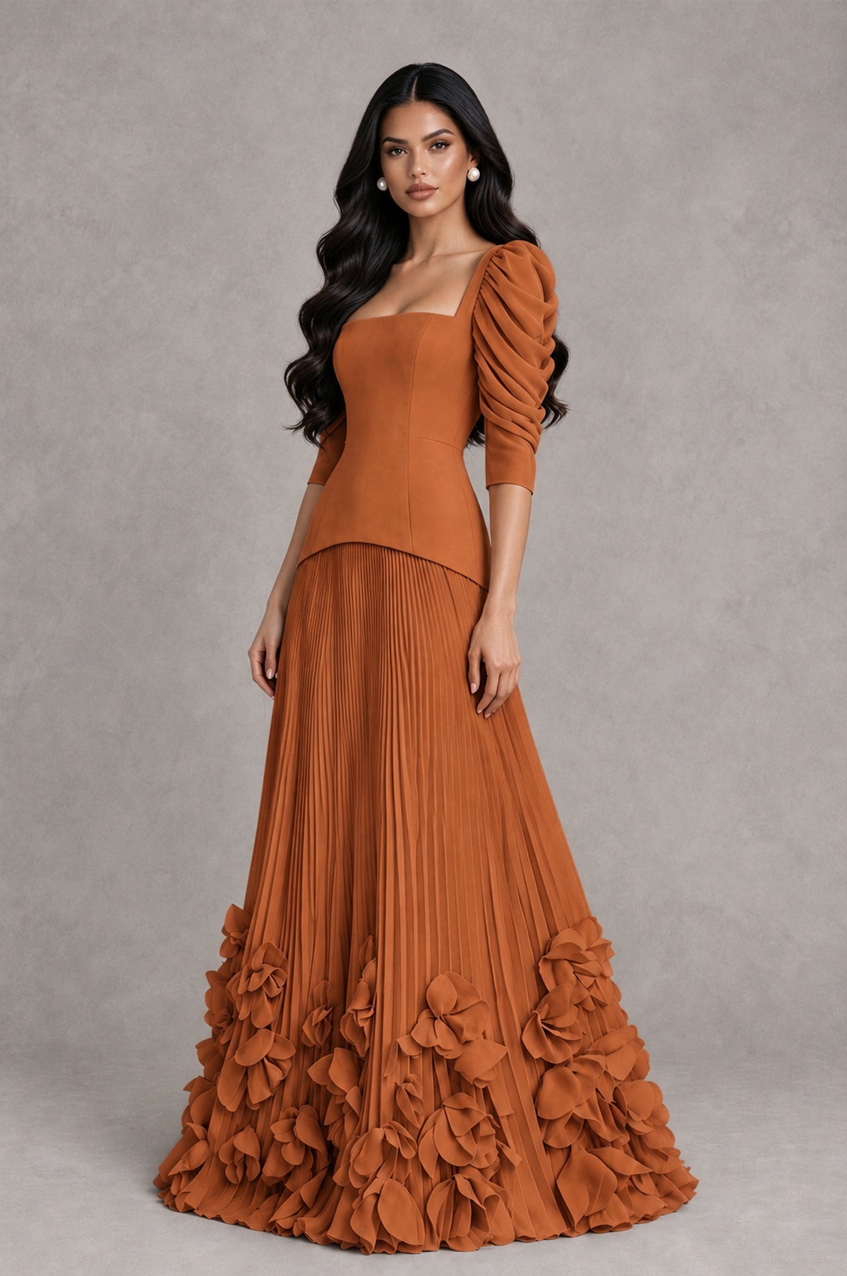 BOLODOO Burnt Orange Square Neck Pleated Floral Applique Evening Dress - Burnt Orange - Burnt Orange_3