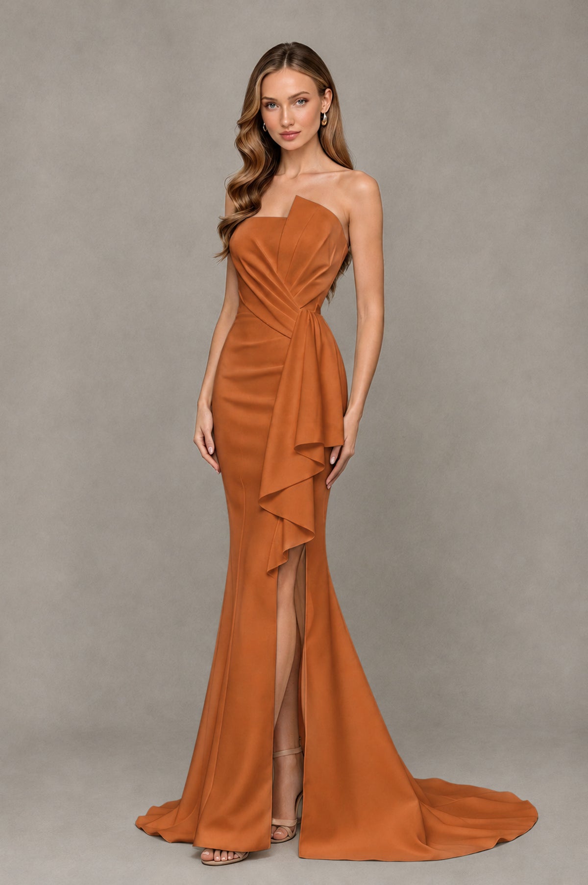 BOLODOO Burnt Orange Strapless Mermaid Evening Dress with Ruffle Slit and Train - Burnt Orange - Burnt Orange_3