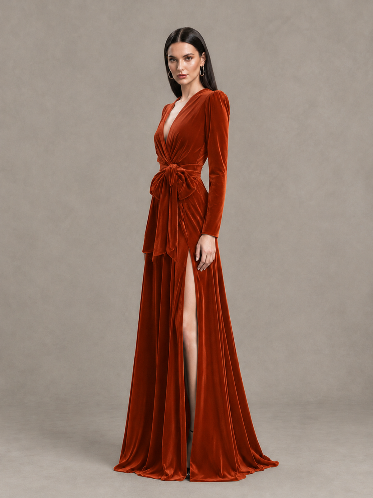BOLODOO Burnt Orange Long Sleeve Velvet-Look Evening Dress with High Slit - Burnt Orange - Burnt Orange_3