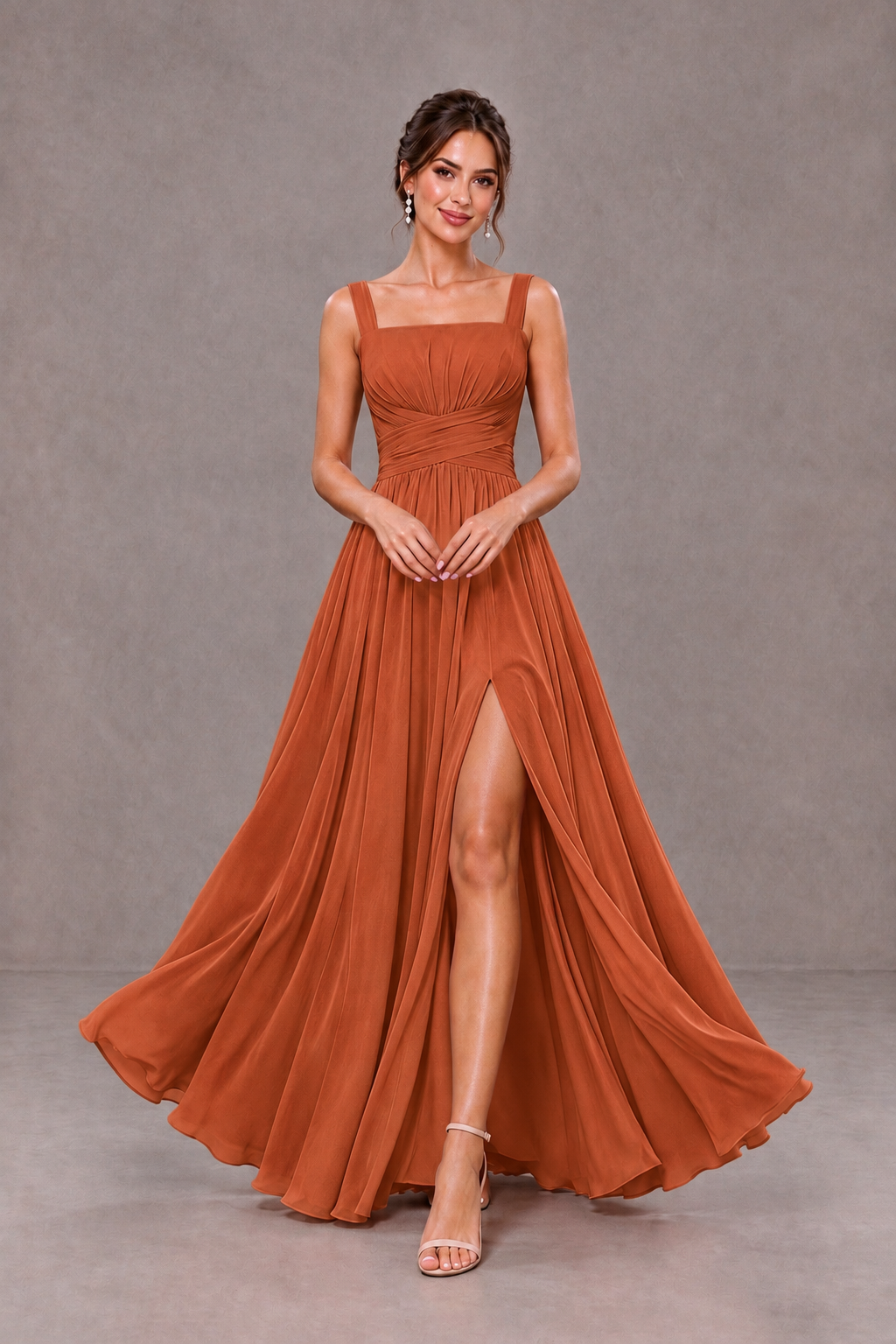 BOLODOO Burnt Orange Square Neck A-Line Bridesmaid Dress with Slit - Burnt Orange - Burnt Orange_3