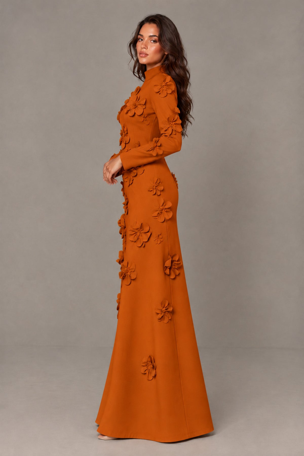 BOLODOO Burnt Orange High Neck Long Sleeve 3D Floral Evening Gown - Burnt Orange