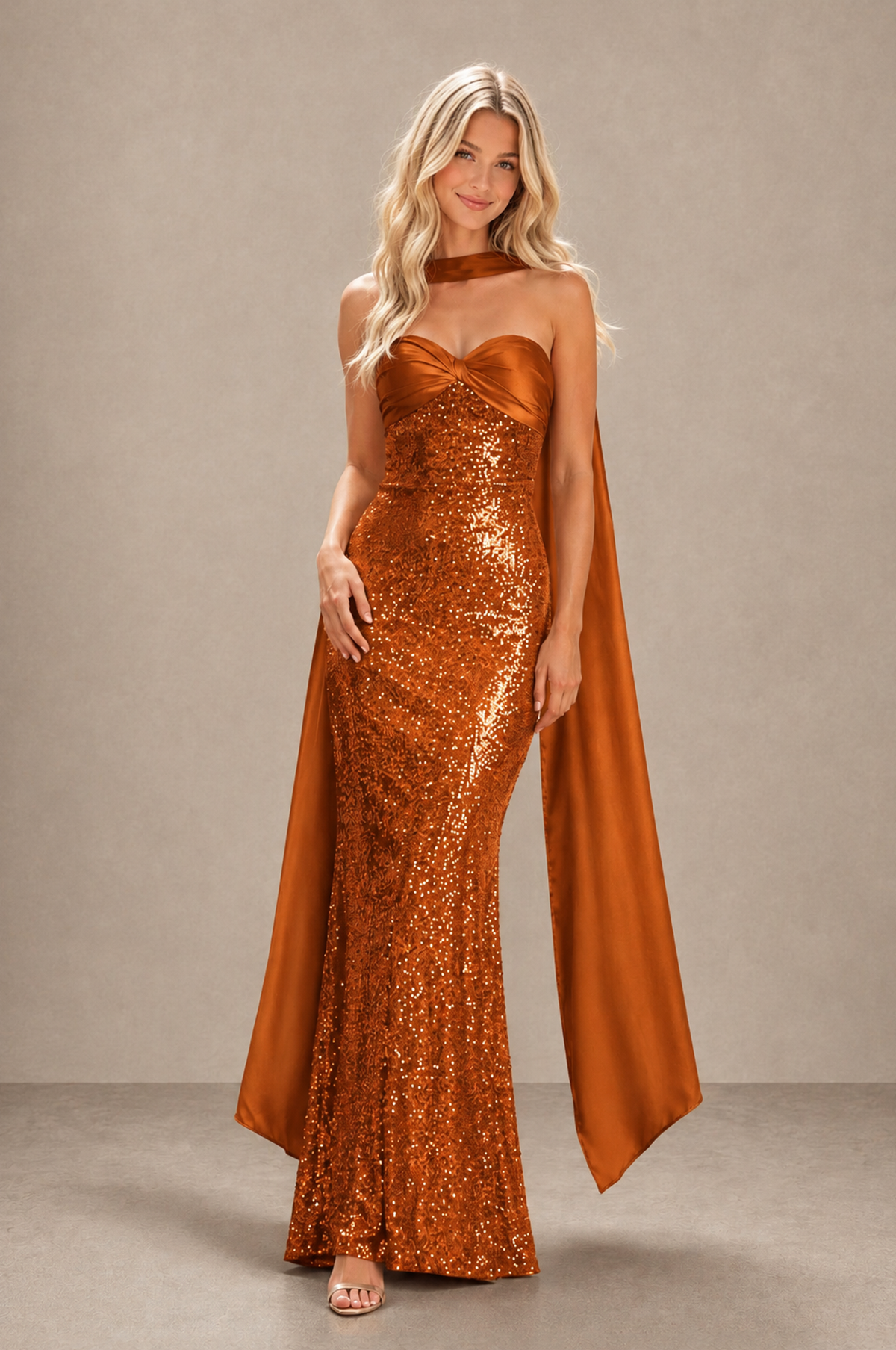 BOLODOO Burnt Orange Strapless Sweetheart Evening Dress with Scarf - Burnt Orange - Burnt_Orange_3