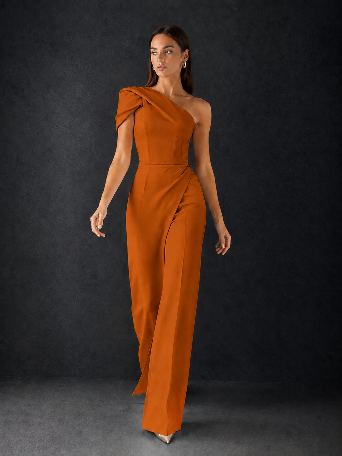 BOLODOO Burnt Orange One-Shoulder Puff Sleeve Wide-Leg Jumpsuit with Front Slit and Open Back - Burnt Orange