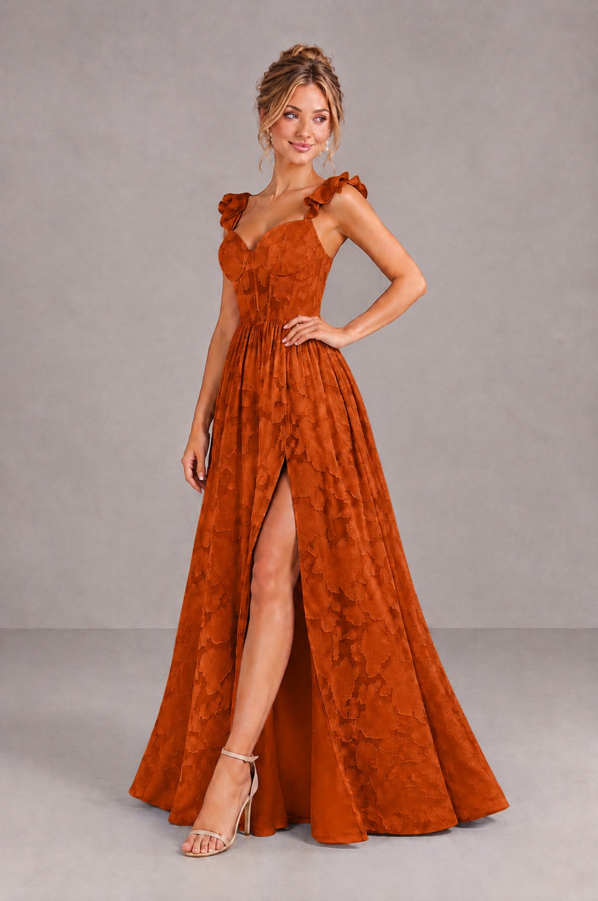 BOLODOO Burnt Orange Floral A-Line Bridesmaid Dress with Slit Ruffle Straps Maxi Gown - Burnt Orange - Burnt Orange_3