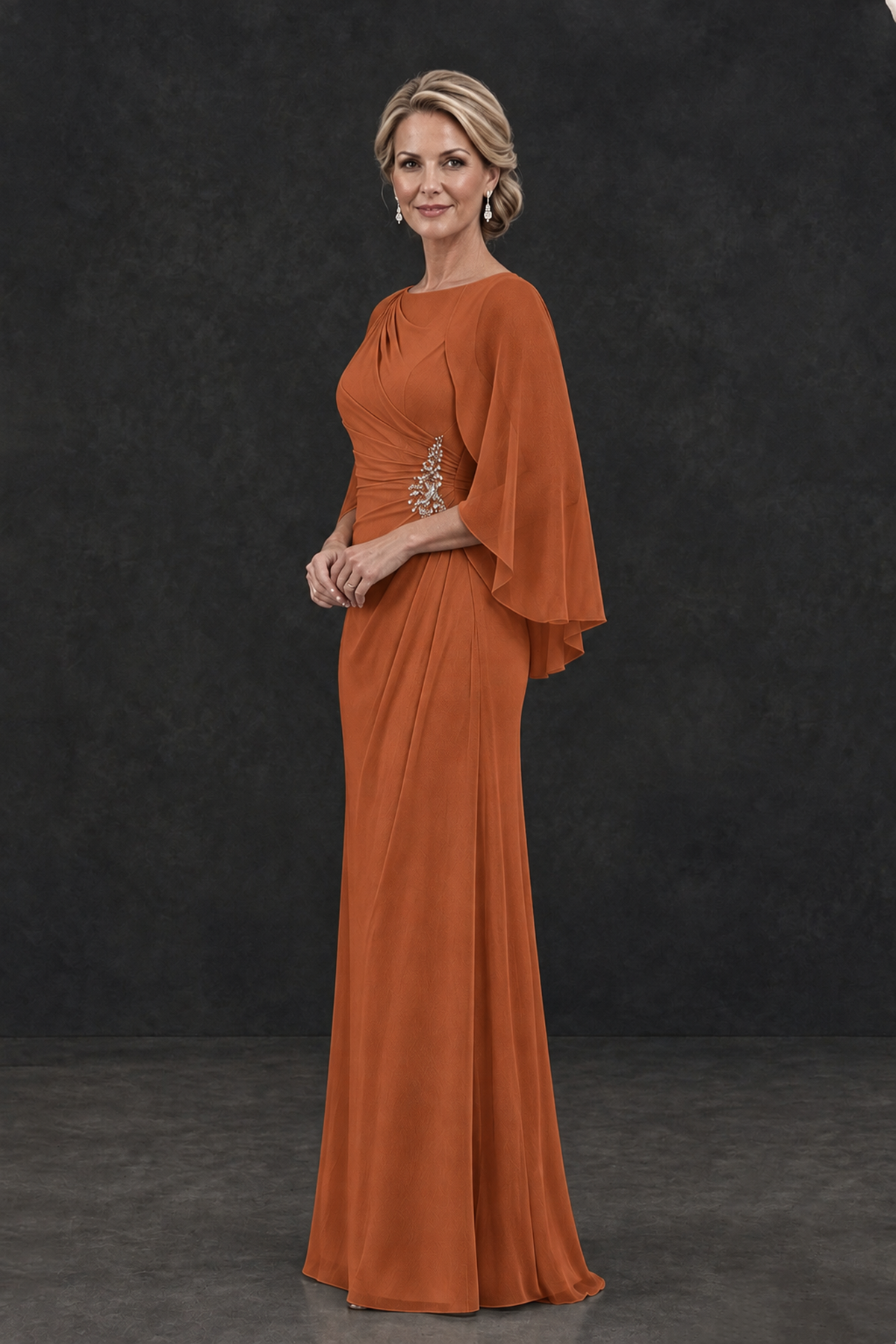 BOLODOO Burnt Orange Cape Sleeve Mother of the Bride Dress with Ruched Waist - Burnt Orange - Burnt Orange_3
