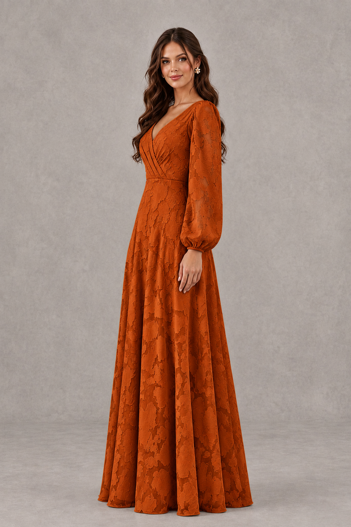 BOLODOO Burnt Orange Long Sleeve V-Neck A-Line Mother of the Bride Dress - Burnt Orange - Burnt Orange_3