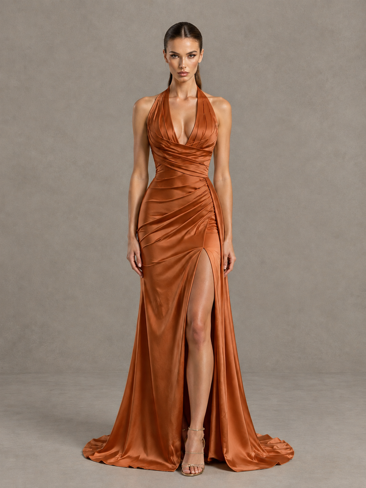 BOLODOO Burnt Orange Halter Satin Evening & Prom Dress with High Slit - Burnt Orange - Burnt Orange_3