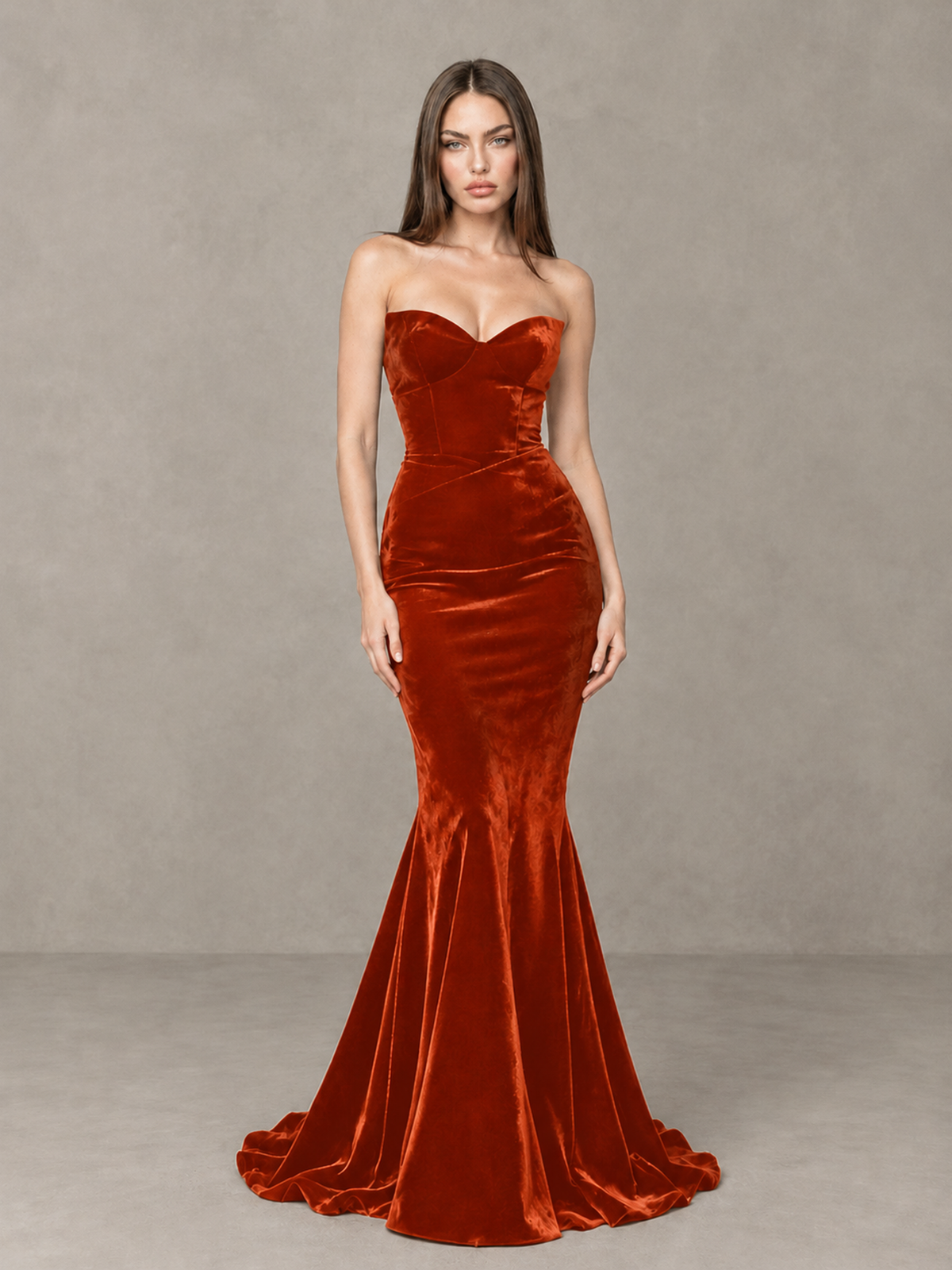BOLODOO Burnt Orange Strapless Sweetheart Velvet-Look Mermaid Evening Dress - Burnt Orange - Burnt Orange_3