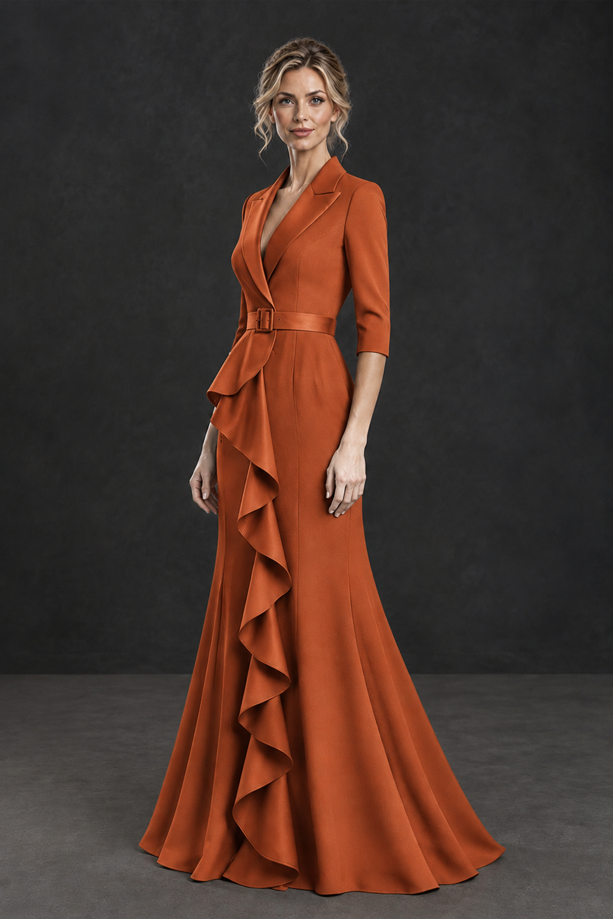 BOLODOO Burnt Orange Lapel Ruffle Mother of the Bride Dress with Belt - Burnt Orange - Burnt Orange_3