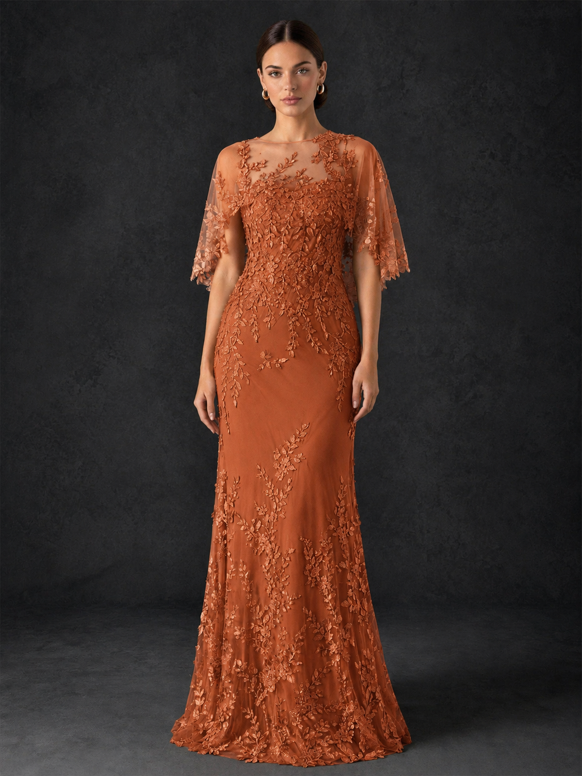 BOLODOO Mocha Burnt Orange Botanical Lace Flutter Sleeve Mermaid Gown - Burnt Orange