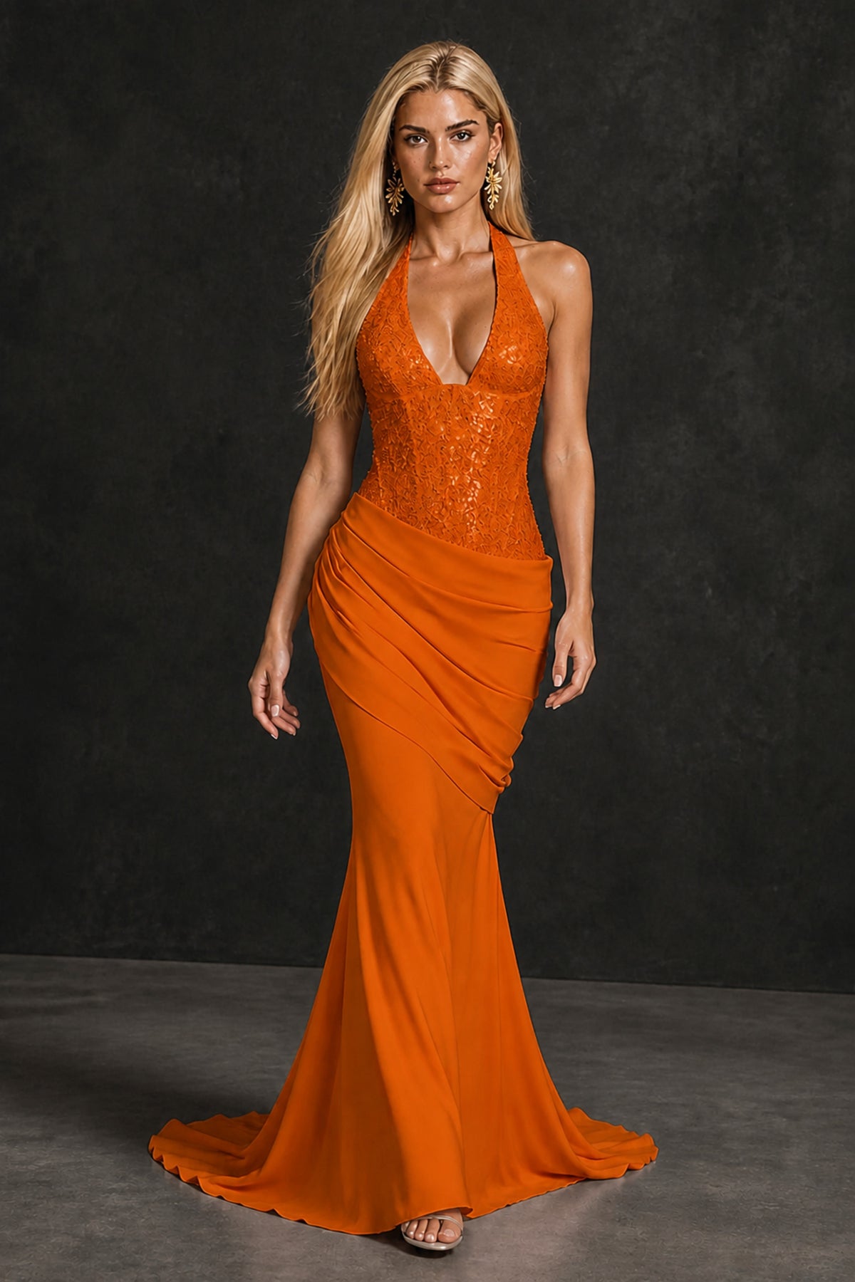 BOLODOO Burnt Orange Halter Mermaid Gown – Deep V Open Back Sequin Formal Evening Dress with Train - Burnt Orange