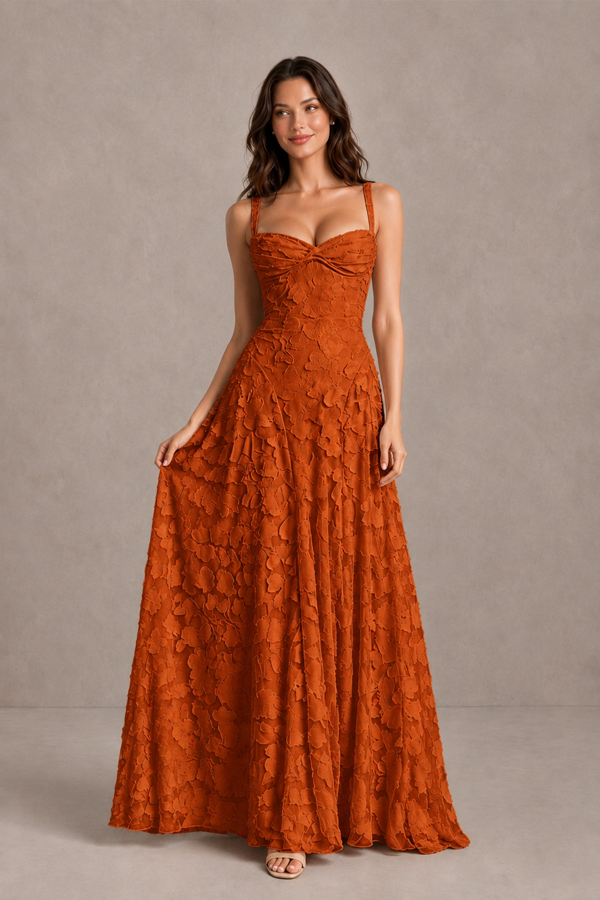BOLODOO Burnt Orange Floral-Textured A-Line Dress with Lace-Up Back - Burnt Orange - Burnt Orange_3