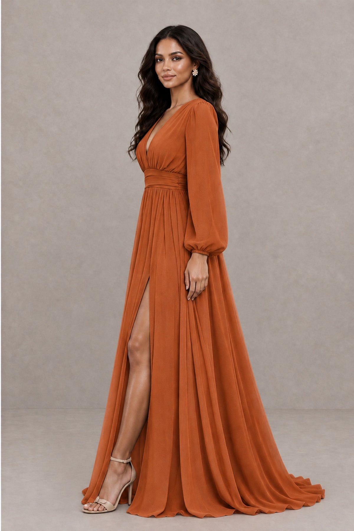 BOLODOO Burnt Orange Long Sleeve V-Neck A-Line Gown with Open Back & Slit - Burnt Orange - Burnt Orange_3