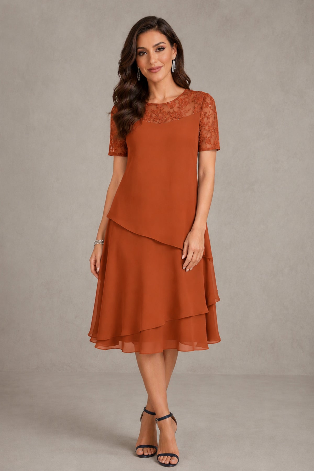 BOLODOO Burnt Orange Illusion Lace Short Sleeve Tiered Chiffon Tea Length Dress | Mother of the Bride Midi Dress - Burnt Orange