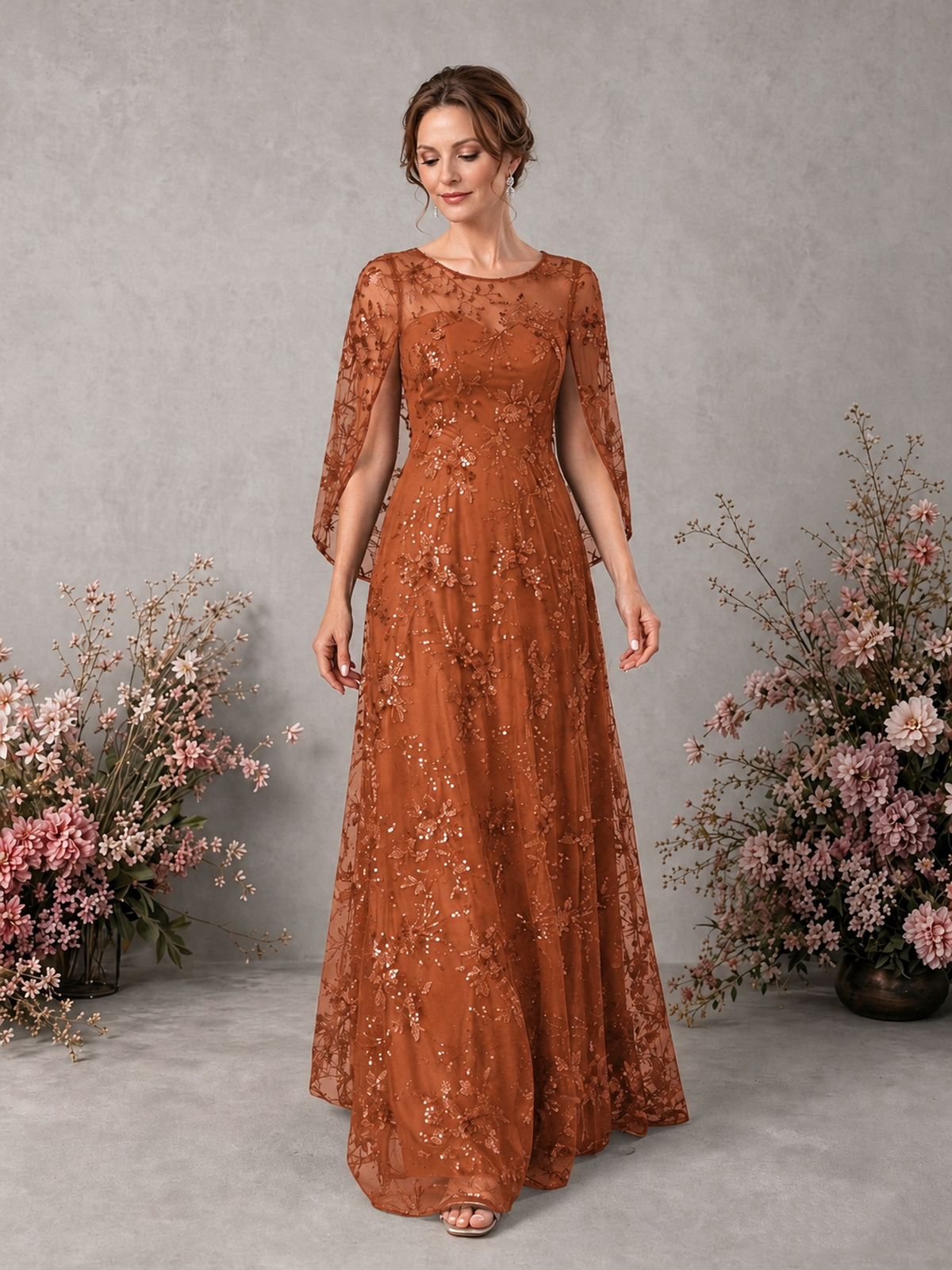 BOLODOO Burnt Orange Sequin Lace Cape Sleeve Formal Evening Gown - Burnt Orange - Burnt Orange_3