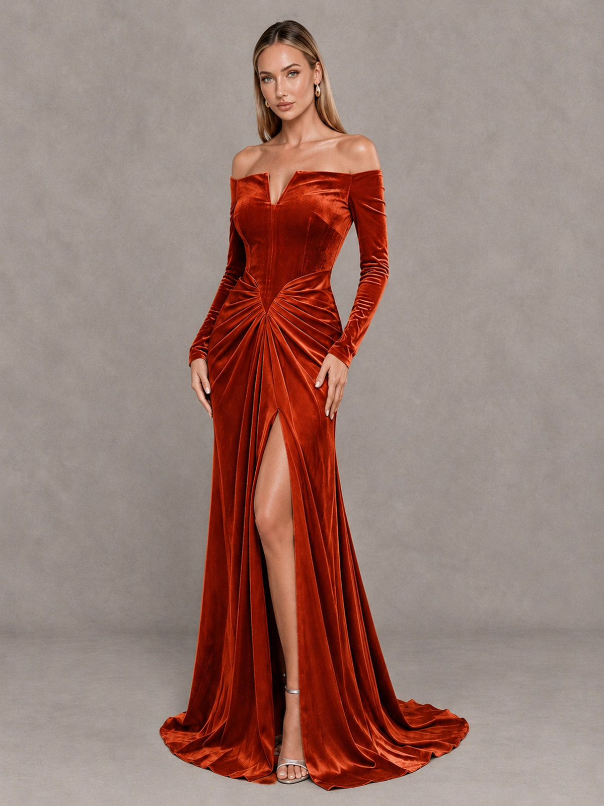 BOLODOO Burnt Orange Off-Shoulder Velvet Evening Gown with High Slit - Burnt Orange - Burnt Orange_3