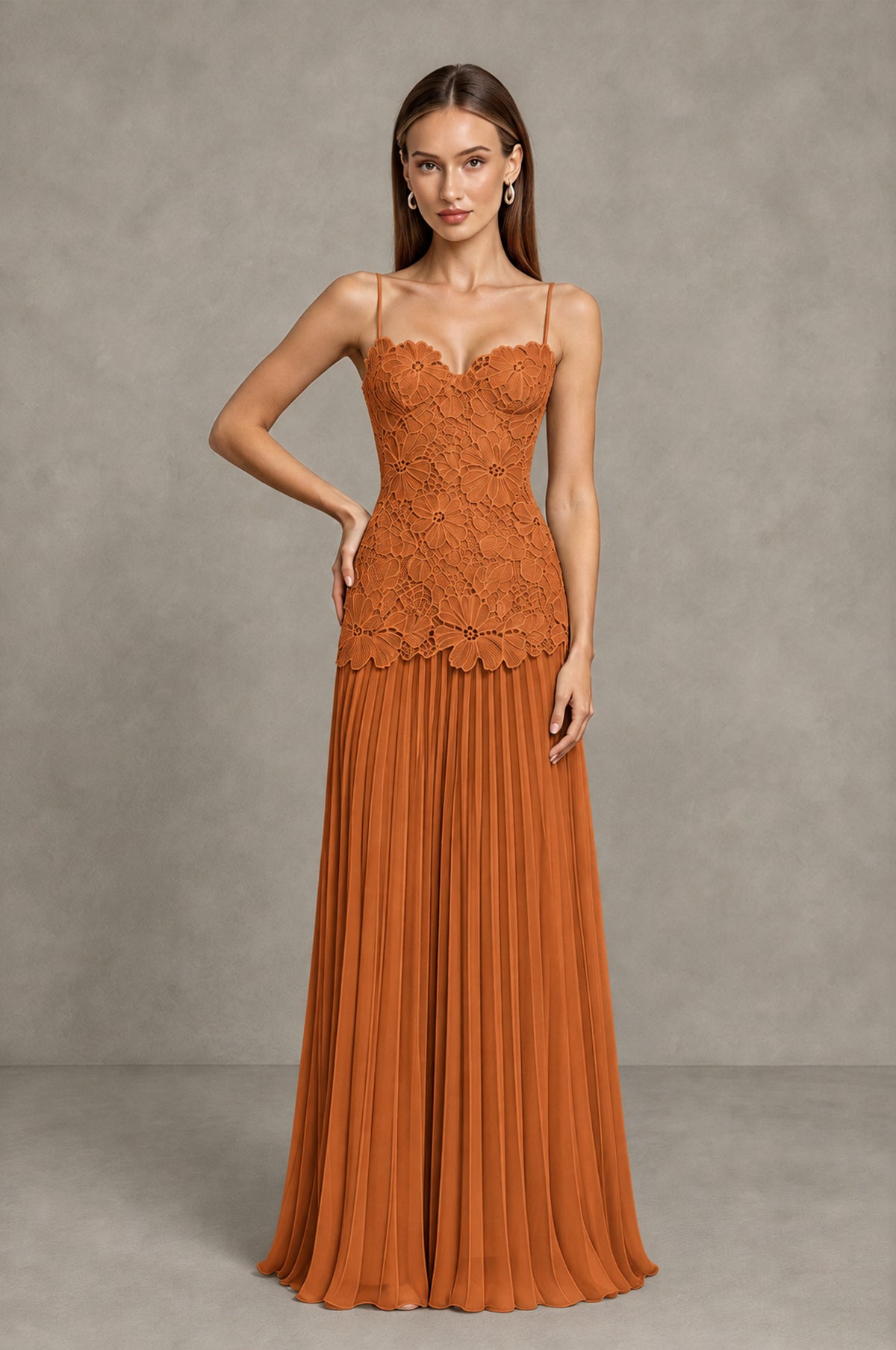 BOLODOO Burnt Orange Lace Bodice Pleated Wedding Guest Dress - Burnt Orange - Burnt Orange_3