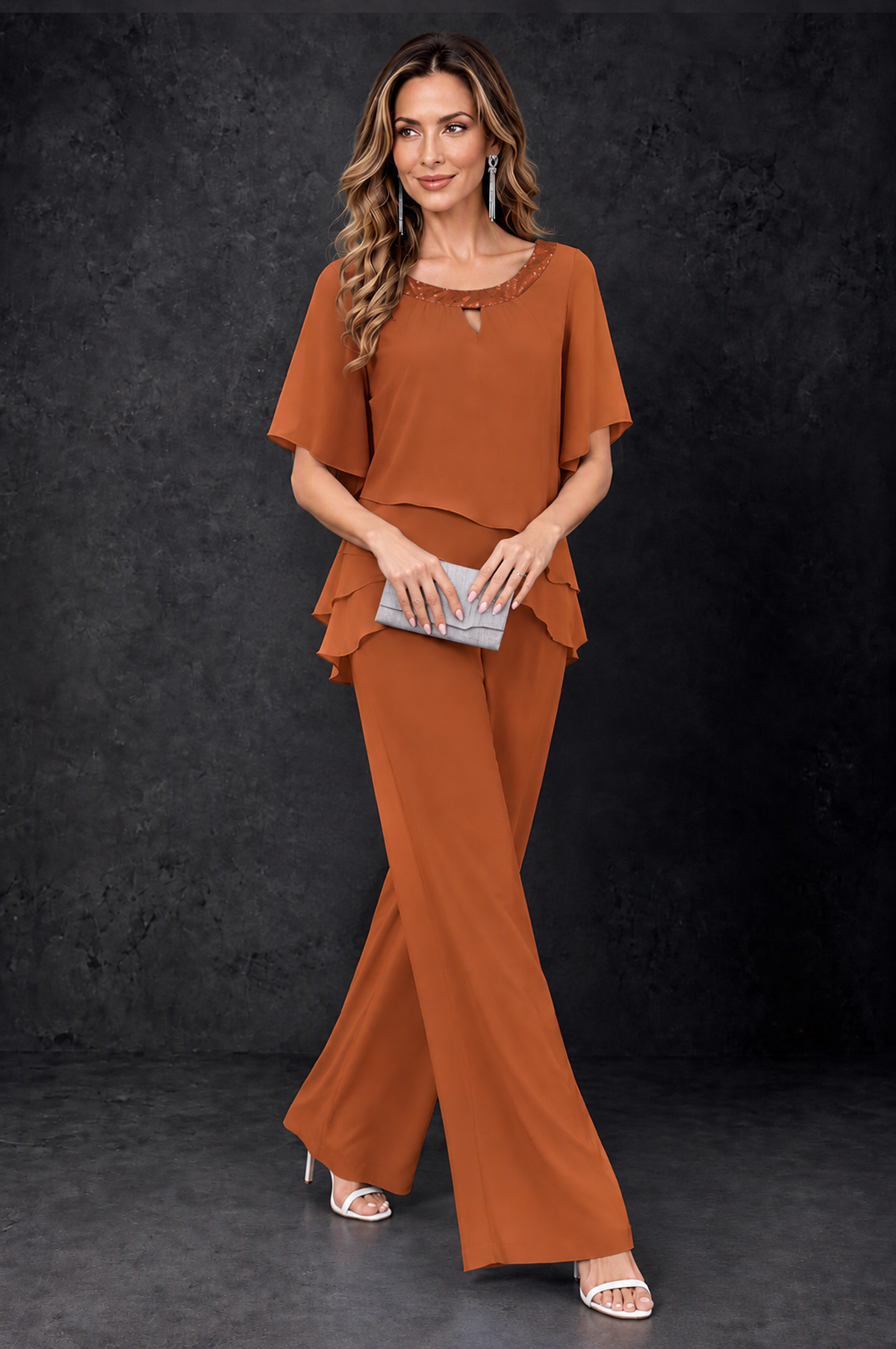 BOLODOO Burnt Orange Layered Chiffon-Look Mother of the Bride Pantsuit - Burnt Orange - Burnt_Orange_3