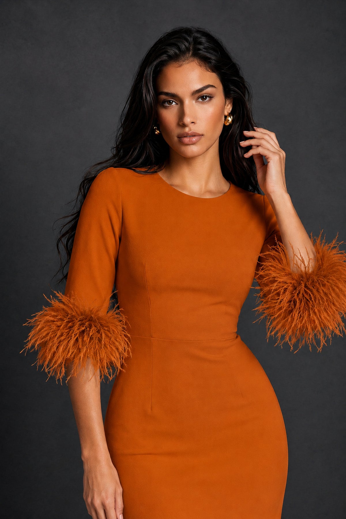 BOLODOO Burnt Orange Ostrich Feather Cuff 3/4 Sleeve Round Neck Bodycon Midi Dress with Back Slit - Burnt Orange