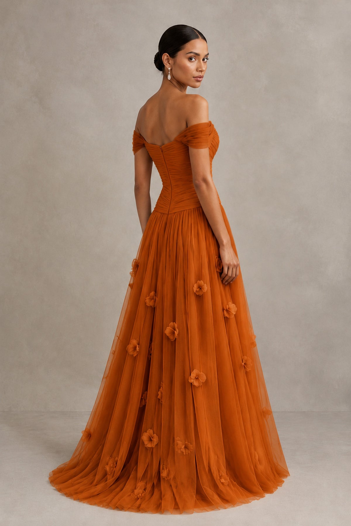 Burnt Orange Off-Shoulder Sweetheart A-Line Tulle Gown with 3D Floral Appliques | BOLODOO - Burnt Orange