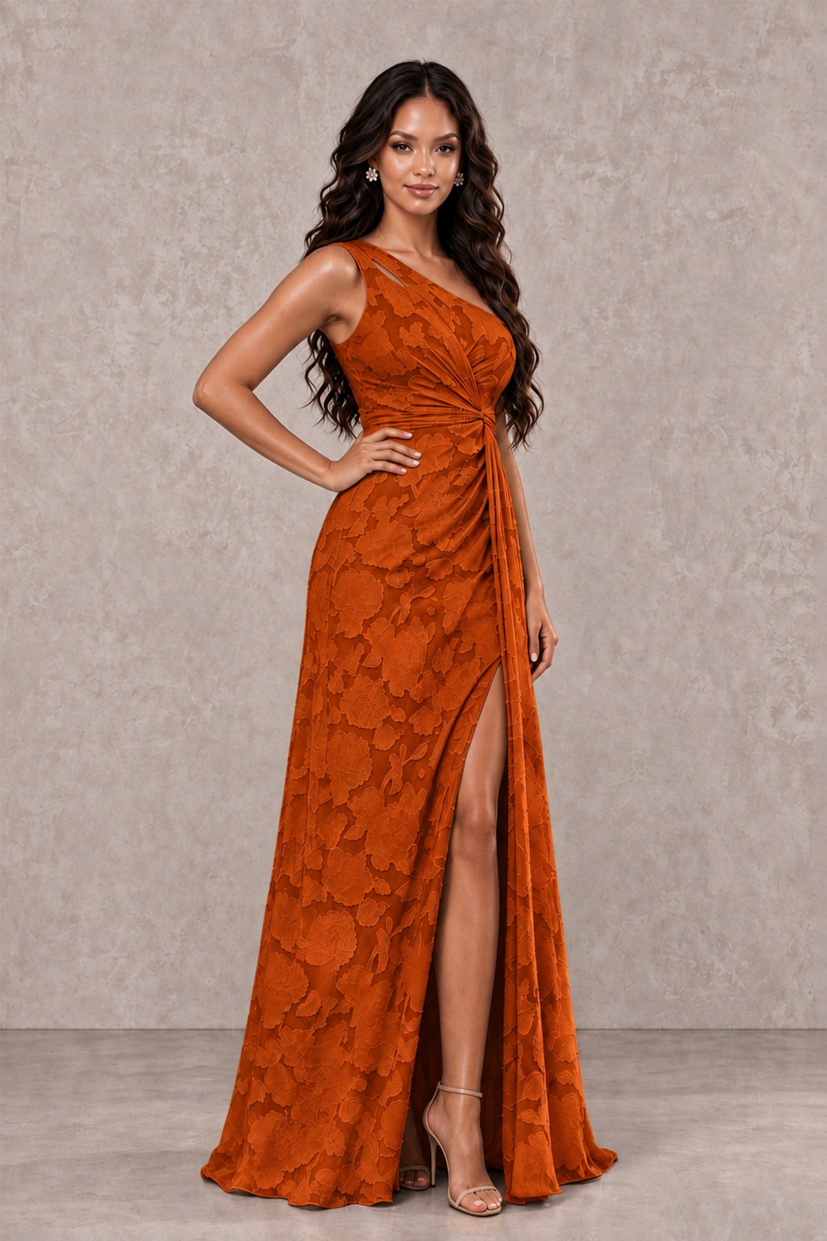 BOLODOO Burnt Orange One-Shoulder Floral Textured Maxi Dress with High Slit - Burnt Orange - Burnt Orange_3