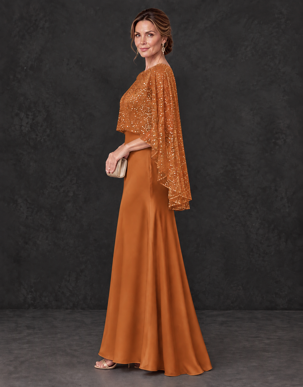 BOLODOO Burnt Orange Sparkle Cape Sleeve Mother of the Bride Dress - Burnt Orange - Burnt_Orange_3