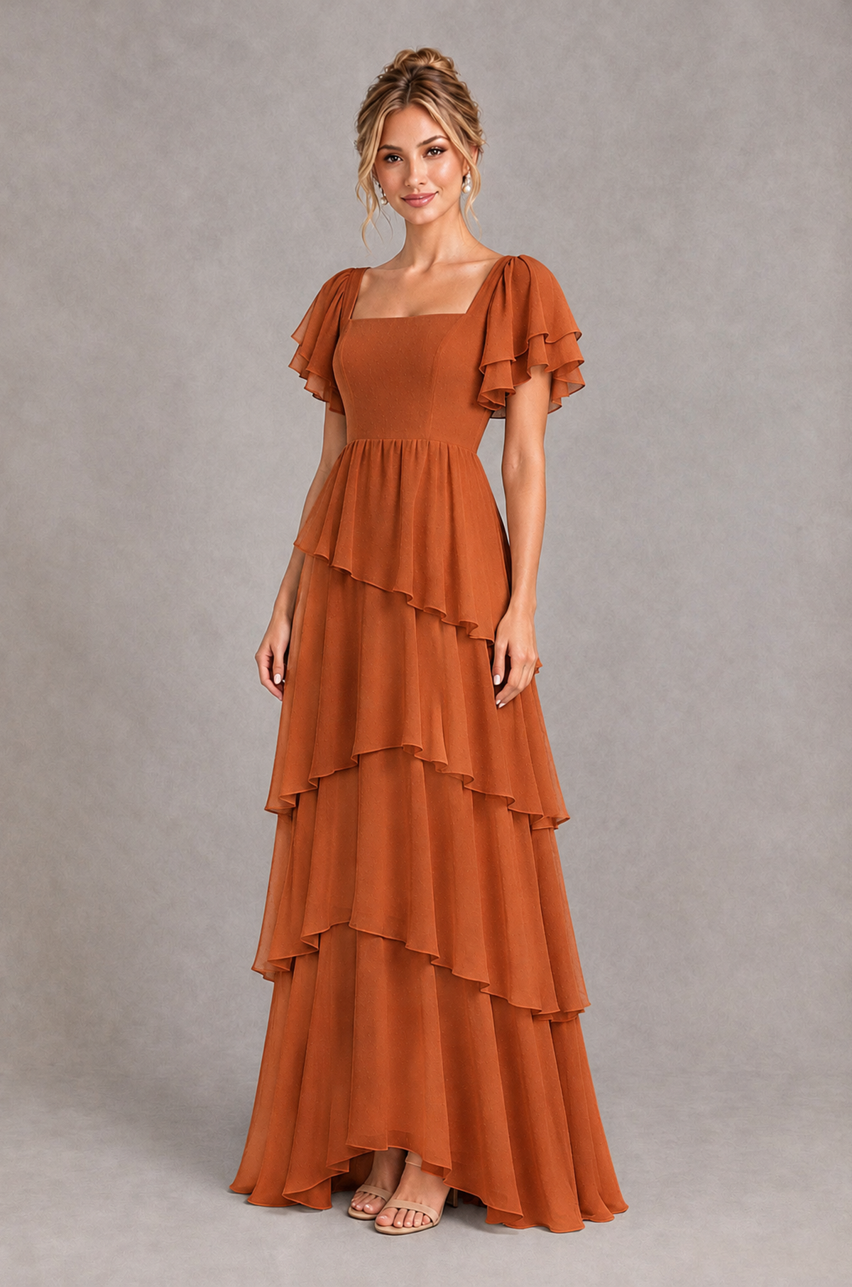 BOLODOO Burnt Orange Square Neck Flutter Sleeve Tiered Chiffon Bridesmaid Dress with Lace-Up Back - Burnt Orange - Burnt Orange_3