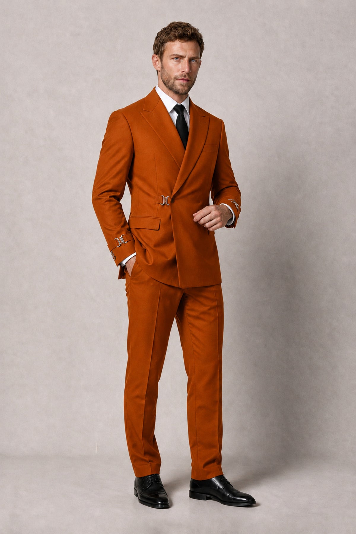 BOLODOO Men's Burnt Orange Double-Breasted 2-Piece Suit Set – Blazer & Tailored Trousers - Burnt Orange