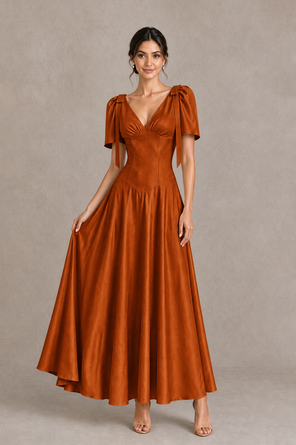 BOLODOO Burnt Orange V-Neck Short Sleeve Satin-Look Bridesmaid Dress with Shoulder Bows - Burnt Orange - Burnt Orange_3