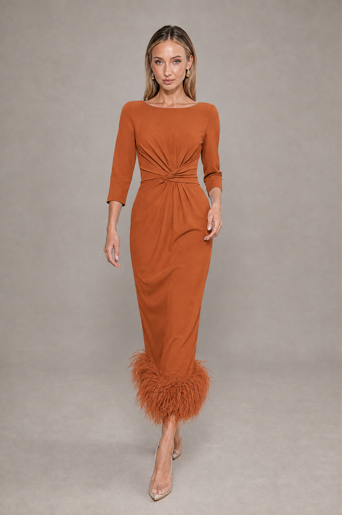 BOLODOO Burnt Orange Feather-Trim Twist-Waist Midi Dress - Burnt Orange - Burnt_Orange_3
