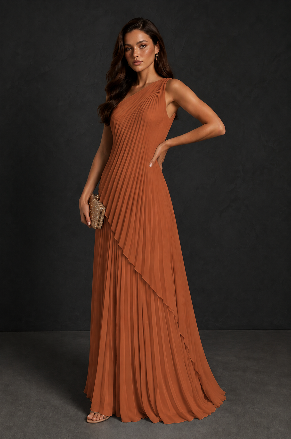 BOLODOO Burnt Orange One-Shoulder Sunburst Pleated Asymmetric Layered Overlay Accordion Pleated Chiffon Maxi Dress - Burnt Orange