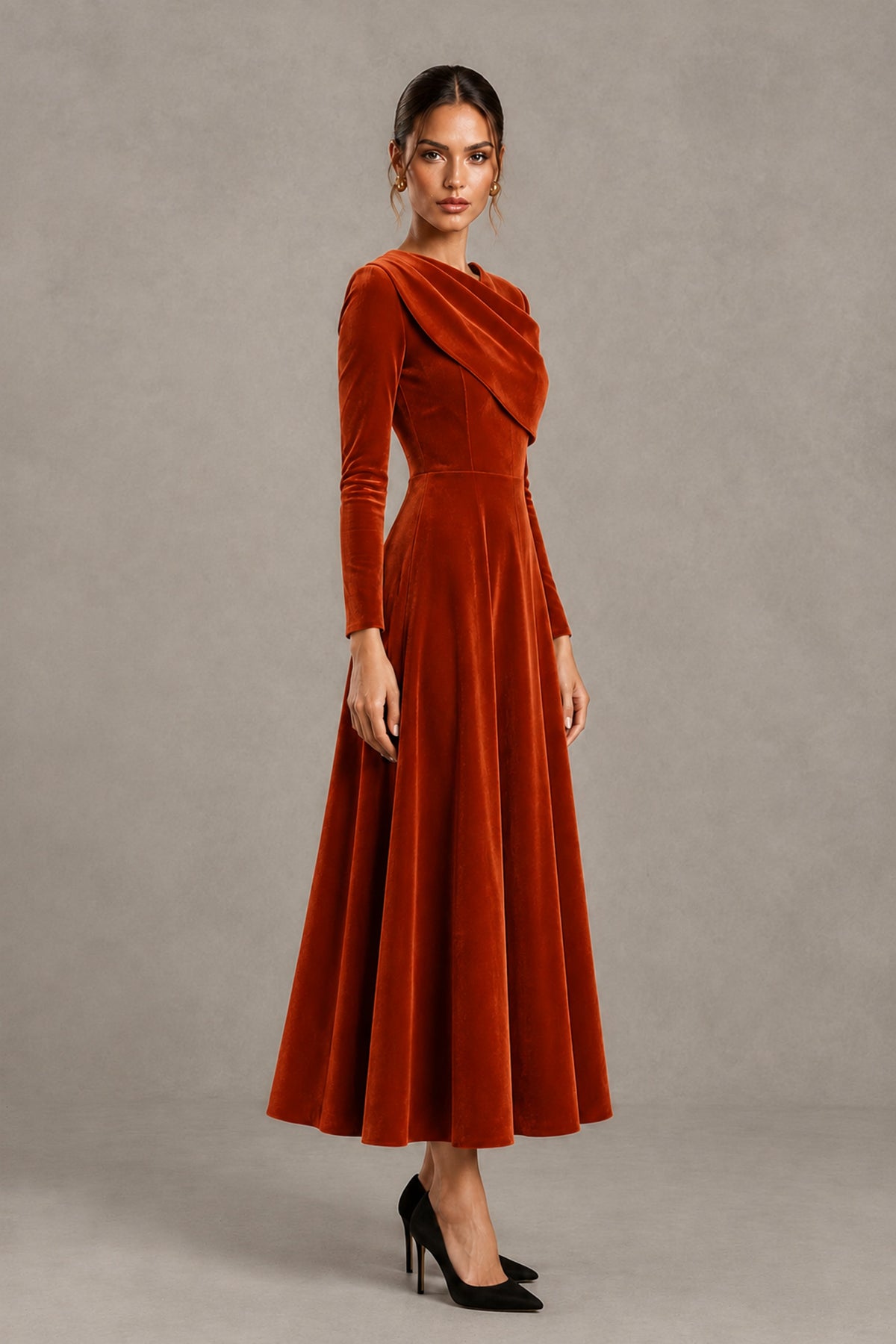 BOLODOO Burnt Orange Velvet-Look Long Sleeve Tea-Length A-Line Dress with Draped Neckline - Burnt Orange - Burnt Orange_3