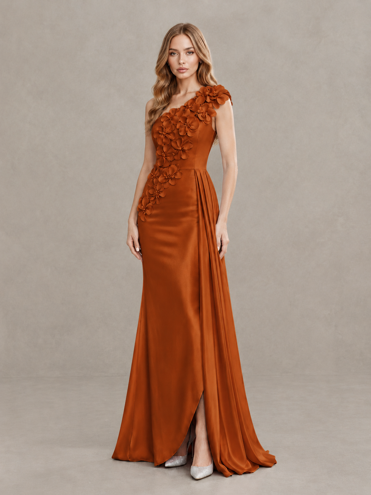 BOLODOO Burnt Orange One-Shoulder Satin Mermaid Evening Gown with 3D Floral Appliqué - Burnt Orange - Burnt Orange_3