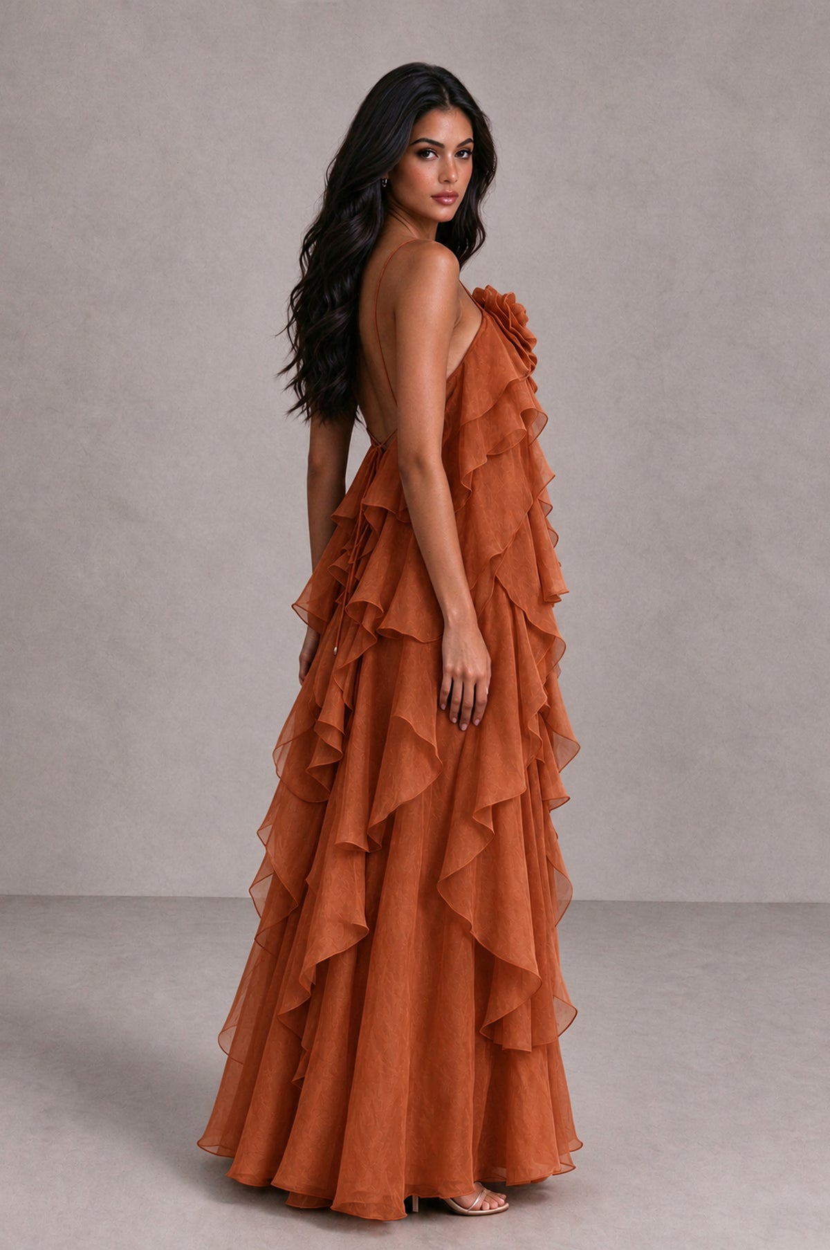 BOLODOO Burnt Orange Cascading Ruffle Rosette Open-Back Maxi Dress - Burnt Orange - Burnt Orange_3