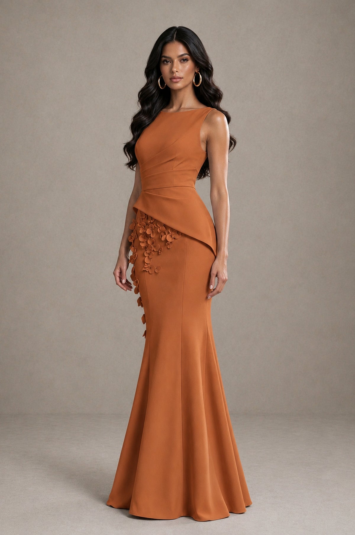 BOLODOO Burnt Orange Bateau Neck Sleeveless Asymmetric Peplum 3D Petal Appliqué Mermaid Gown BD0421 - Burnt Orange - Burnt Orange_3